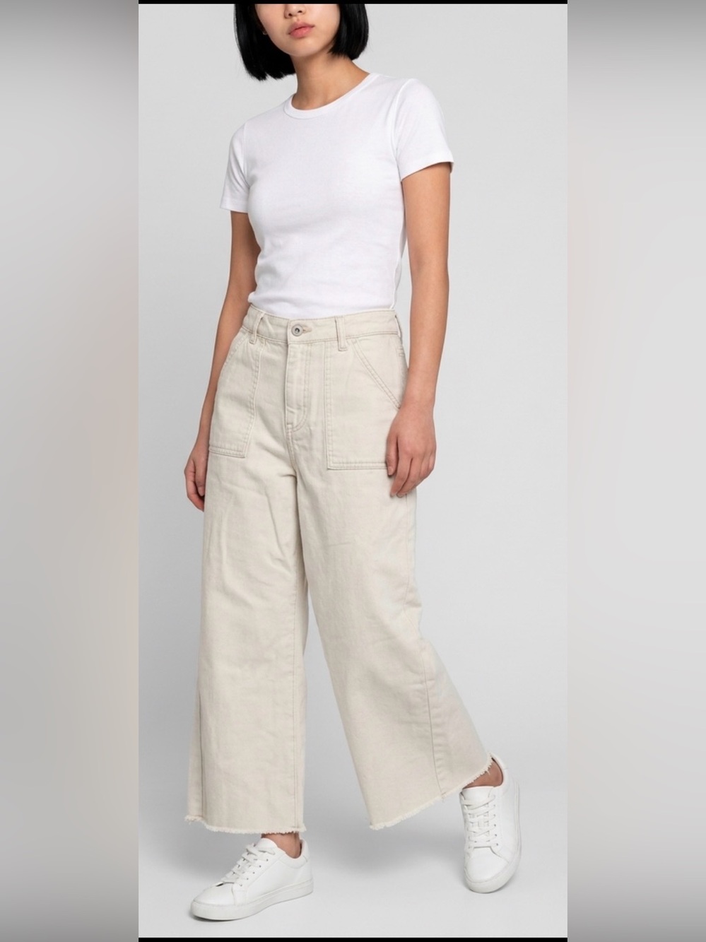Cotton On Sz 6 Wide-Leg Cropped Utility Pants - Cream Raw Hem